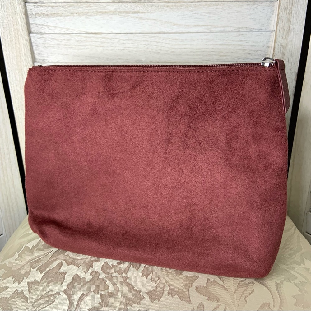 Minimalist Faux Suede Deep Wine Red Cosmetic Storage Single Zip Clutch Bag